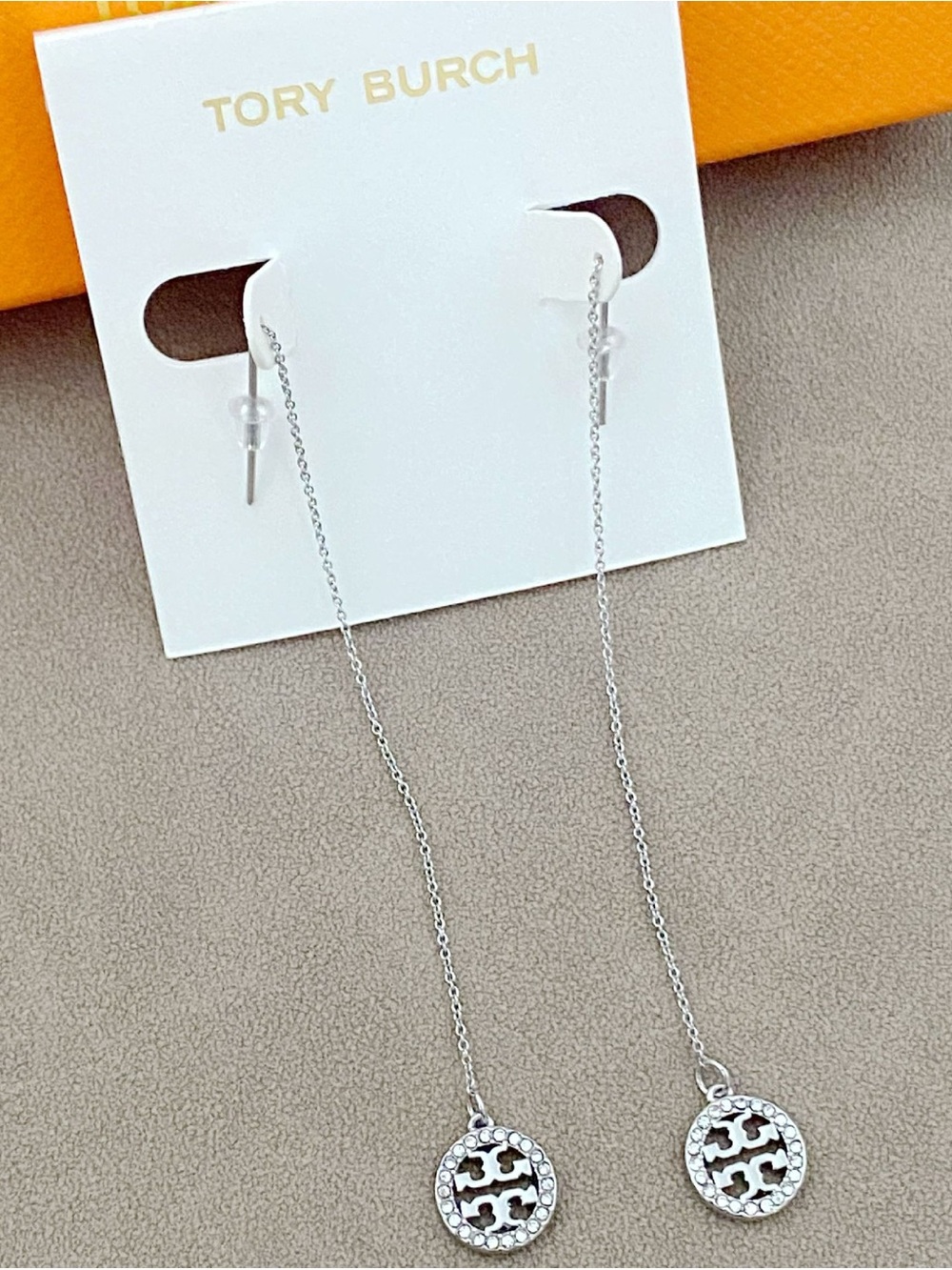 Tory Burch Silver Crystal Logo drop  Earrings